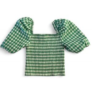 Green Gingham Puff Sleeve Top